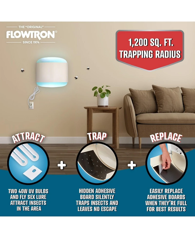 Flowtron 1200 sq.ft Indoor Sconce Fly Killer, 80W Indoor Insect Control with Dual Lure Method