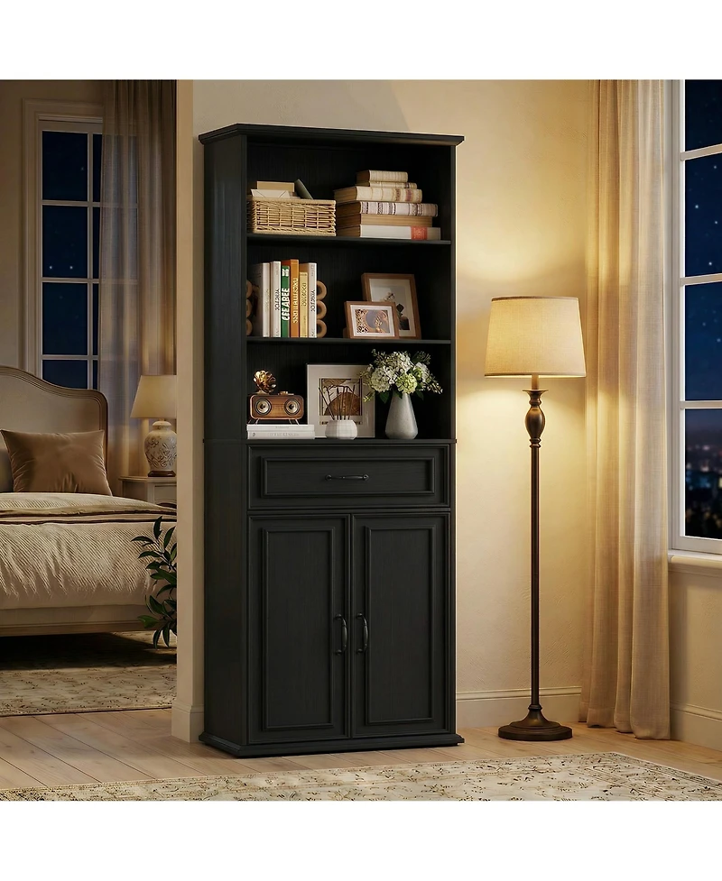 Aheaplus 80-In Tall Bookcase with Wood Drawers and Display Shelving