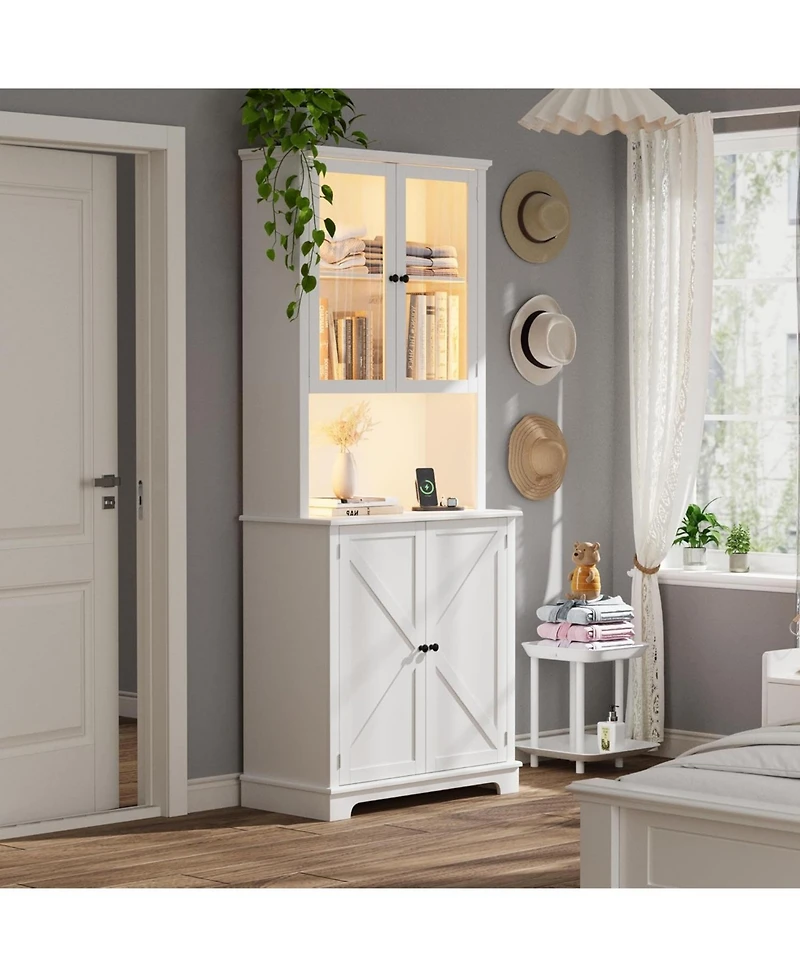 gaomon 72 Inch Tall Kitchen Hutch Cabinet with Glass Doors, 41 Inch Wide Freestanding Storage Cabinet with Charging Station and Led Lights