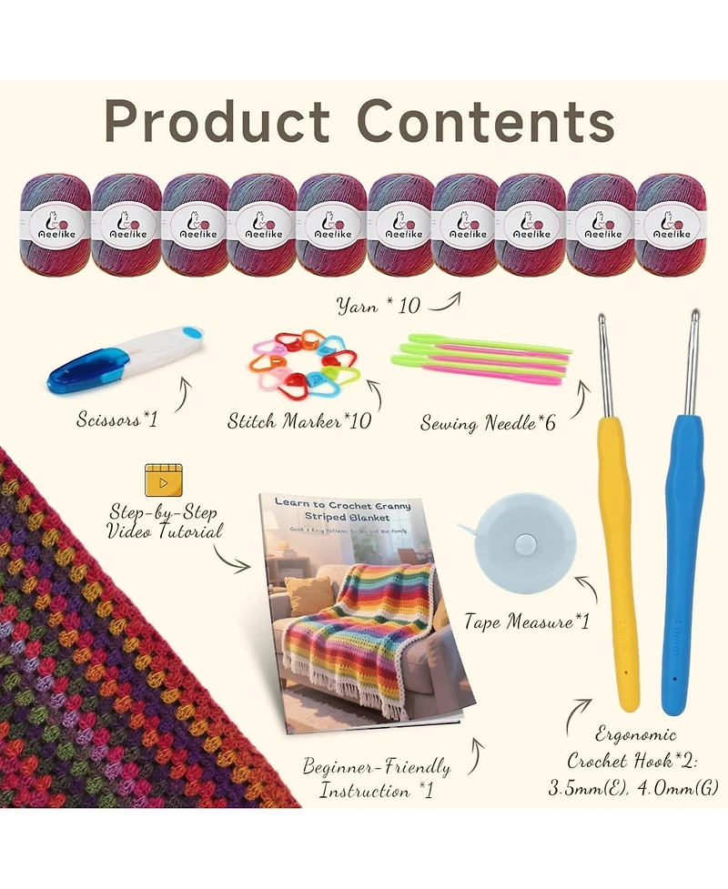 Aeelike Blanket Crochet Kit for Beginners, Gradient Blanket, Complete Starter Crochet Kit with Enough Warm Wool Yarn, Video Tutorials