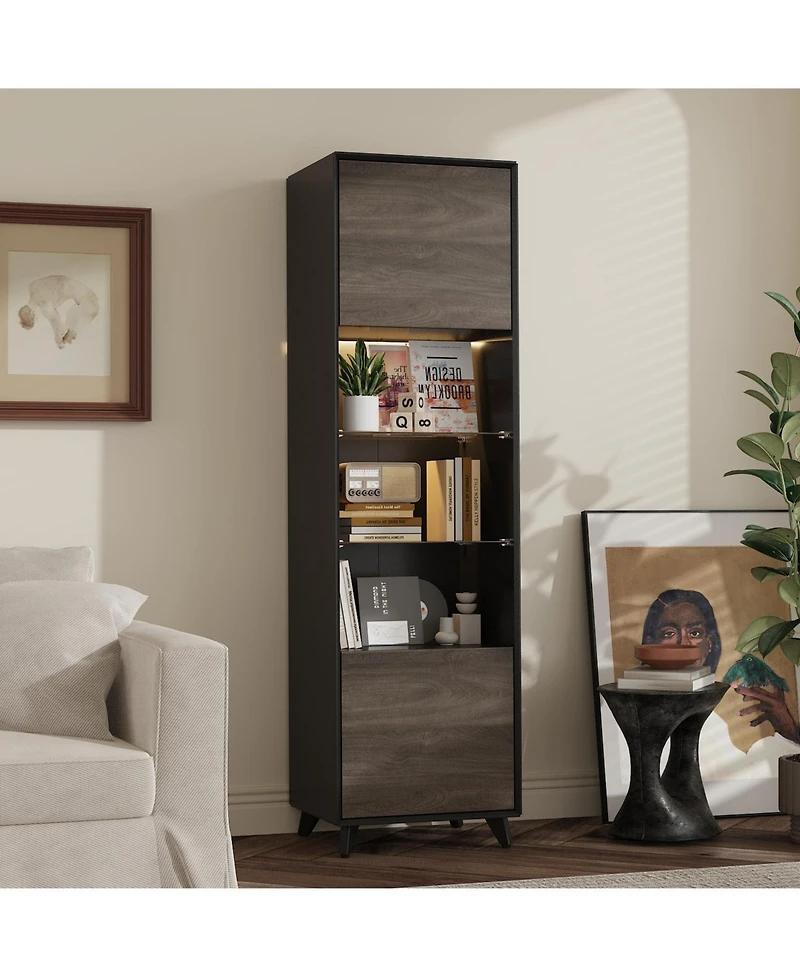 Homsee Tall Bookcase with Glass Doors and Led Light 71-Inch High Wooden Bookshelf with Storage Cabinets | Narrow Display Cabinet for Living Room
