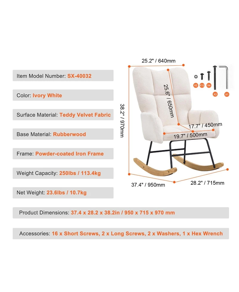 Rainsken Glider Rocking Chair, with High Backrest Armchair, Teddy Fabric, Wood Leg, 250 lbs Weight, for Living Room Bedroom Offices