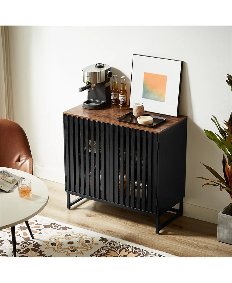 Clihome Modern Storage Cabinet with Slatted Grille Striped Door, Mdf Dresser Sideboard with Metal Legs