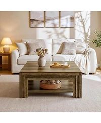 Tribesigns Square Coffee Table: 39" rustic farmhouse table with storage shelf and carved legs. For living room, apartment, small space.