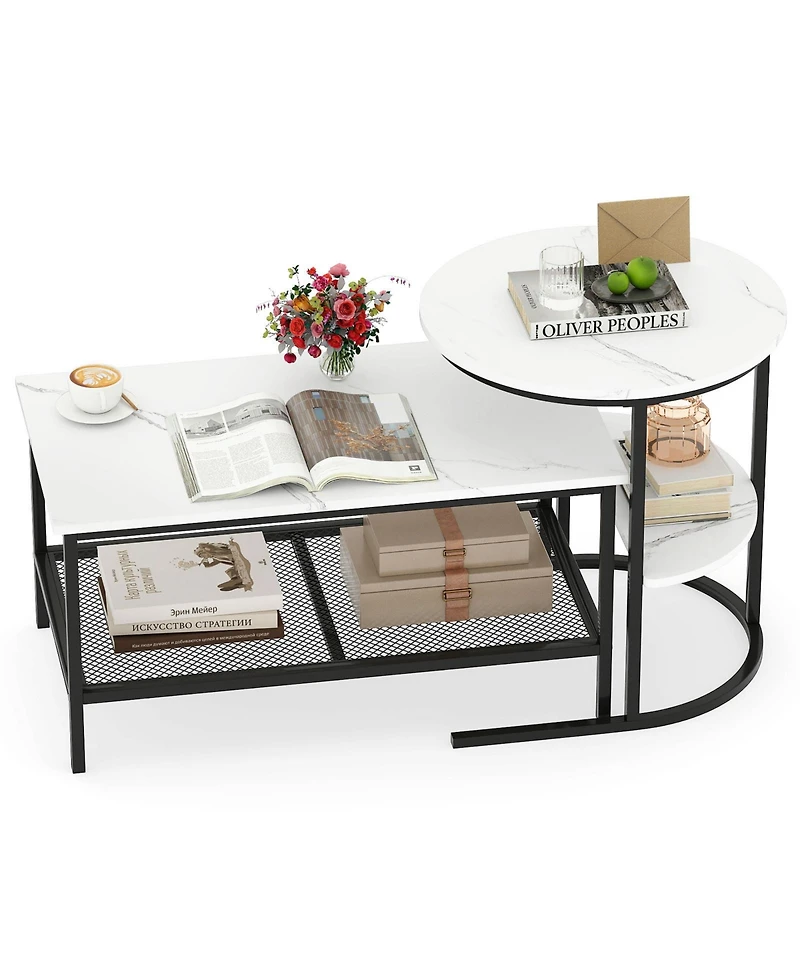 Sugift 2-Tier Coffee Table and Side End Table Set with Faux Marble Tops and Storage Shelves