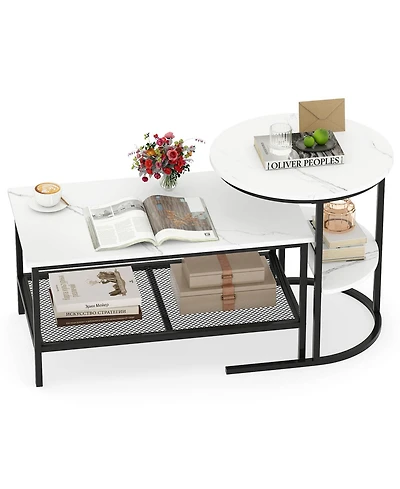 Sugift 2-Tier Coffee Table and Side End Table Set with Faux Marble Tops and Storage Shelves