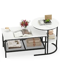 Sugift 2-Tier Coffee Table and Side End Table Set with Faux Marble Tops and Storage Shelves