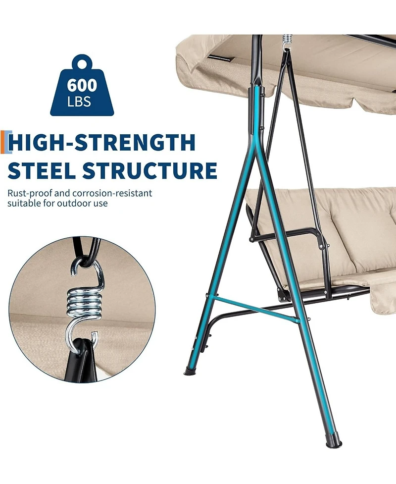 gaomon 3-Seat Outdoor Swing Chair -Weather-Resistant, Adjustable Canopy, Thick Cushions, 500 lbs Capacity for Patio or Porch