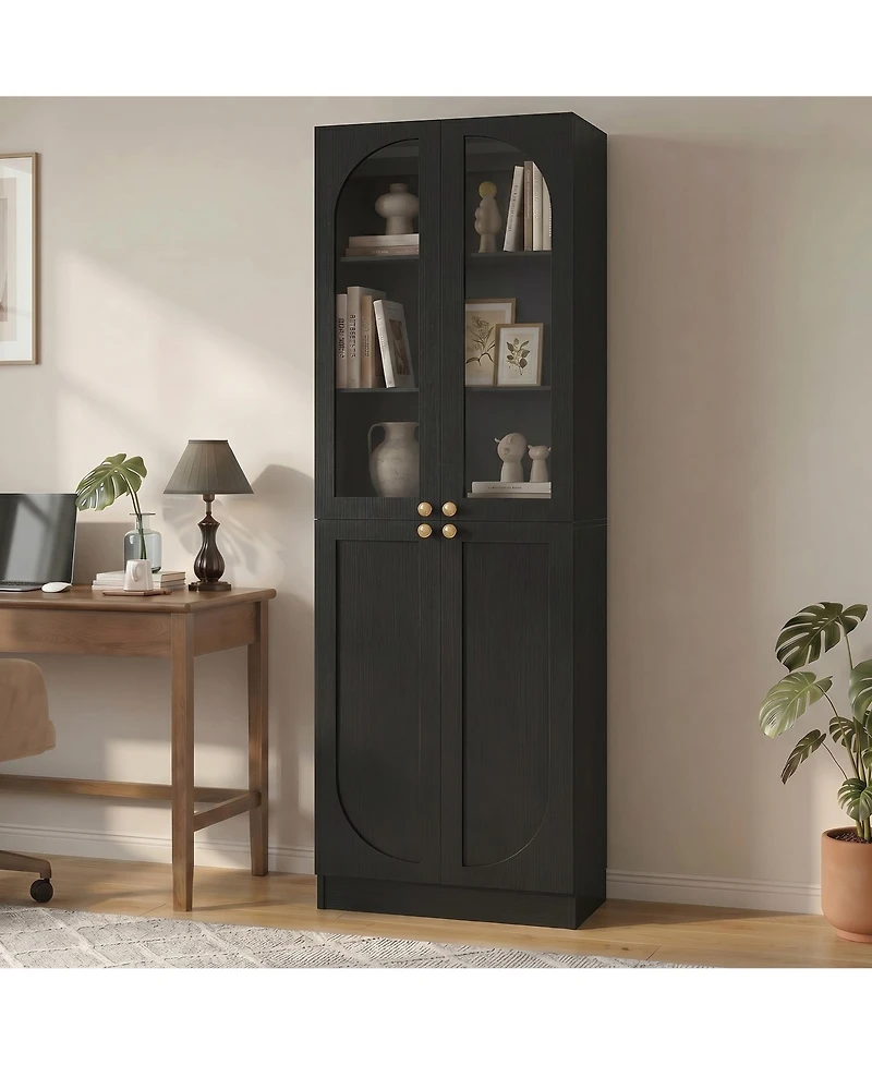 Aheaplus 80" Tall Kitchen Pantry Arch Storage Cabinet with Tempered Glass Doors