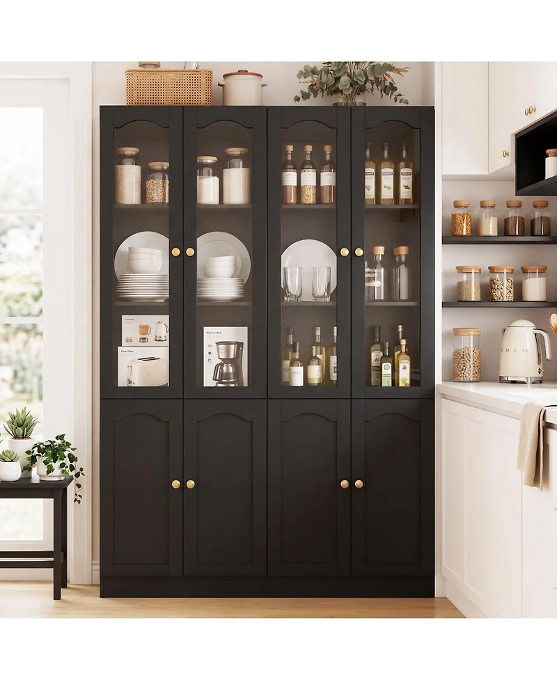 Aheaplus 80" Pantry Cabinet with Glass Door and Shelves, Kitchen Storage Cabinet