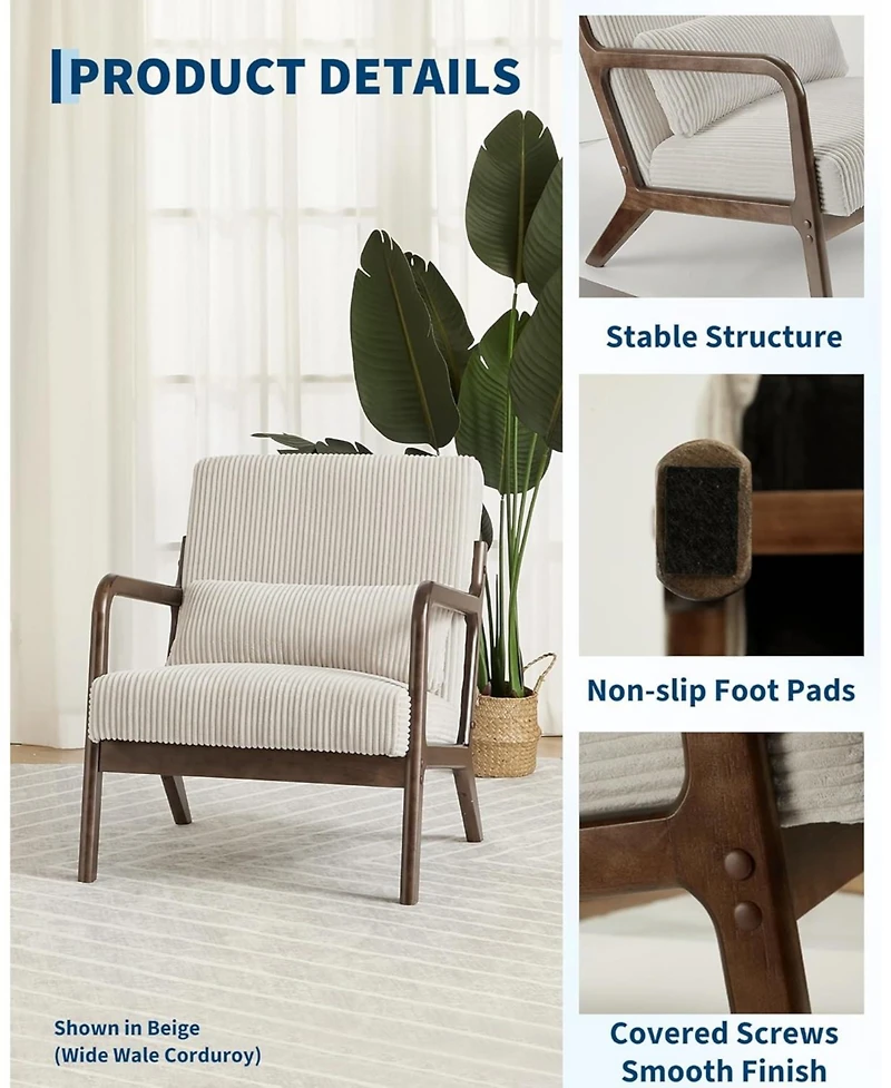 homfan 2-Piece Sherpa Accent Chair – Mid-Century Lounge Armchair with Lumbar Pillow and Wood Frame for Living Room or Office