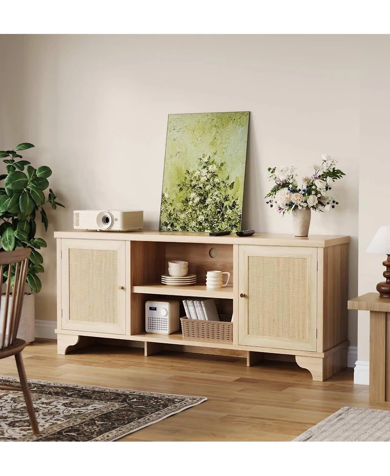 gaomon Rattan Tv Stand for Living Room Modern Entertainment Center Boho Media Console Table with Storage