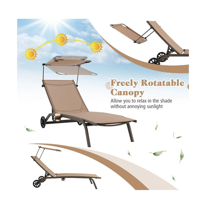 Boyel Living Patio Heavy-Duty Adjustable Chaise Lounge Chair with Canopy Cup holder and Wheels