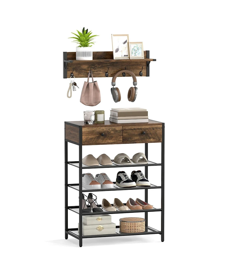 Sugift Coat Rack and 5-Tier Shoe Stand Combo with Drawers and Mesh Shelves, 25.5 in. Wide