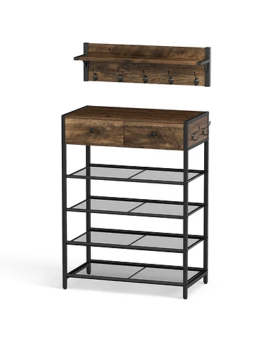 Sugift Coat Rack and 5-Tier Shoe Stand Combo with Drawers and Mesh Shelves, 25.5 in. Wide