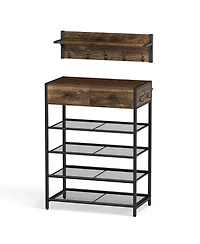Sugift Coat Rack and 5-Tier Shoe Stand Combo with Drawers and Mesh Shelves, 25.5 in. Wide