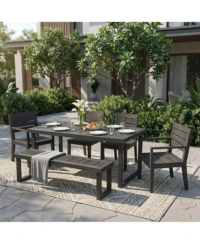 Asagikoiai 6 Seater Acacia Wood Outdoor Dining Set with Bench and Cushions