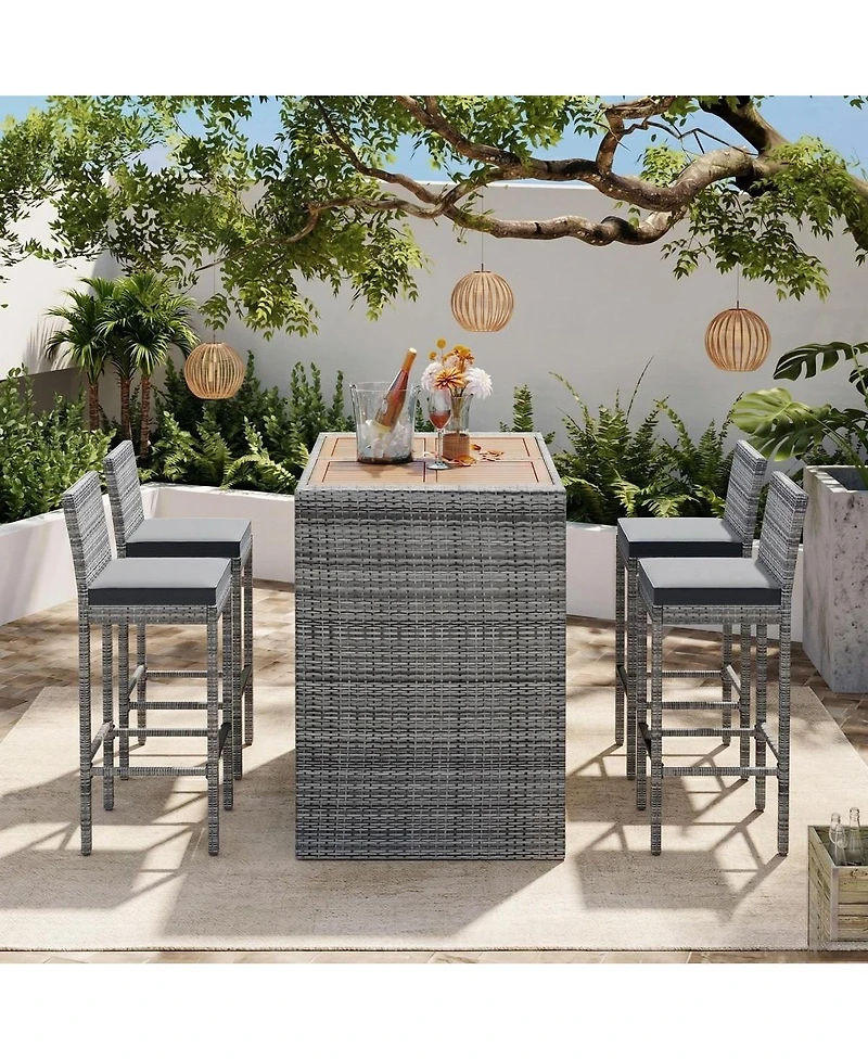 Asagikoiai 5-Piece Outdoor Wicker Bar Set with Cushions and Acacia Wood Table