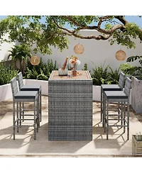 Asagikoiai 5-Piece Outdoor Wicker Bar Set with Cushions and Acacia Wood Table