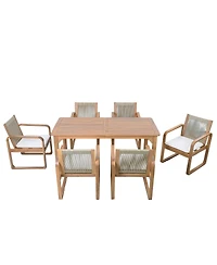 Asagikoiai 7-Piece Acacia Wood Outdoor Dining Set with Rope Chairsand Weather-Resistant Cushions