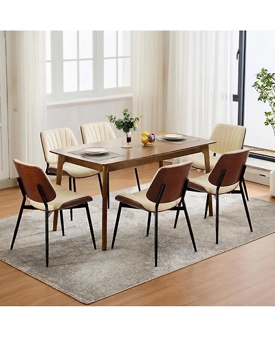 homfan Set of 6 Dining Chairs, Upholstered Pu Leather Kitchen Side Chairs with Curved Walnut Bentwood Back, Metal Legs and Adjustable Feet