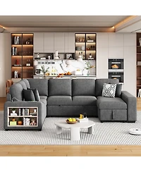 Clihome U-shaped Sectional Sofa Pull-out Sofa Bed with Usb Ports and Storage Chaise Lounge and Four Back Pillows for Living Room