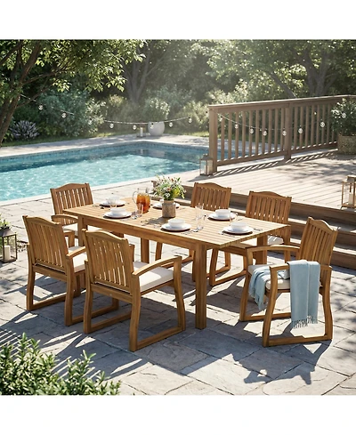 Clihome 7 Piece Acacia Wood Outdoor Dining Set Expandable Patio Table and 6 Chairs with Cushions