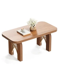 Sugift 39" Rattan Boho Coffee Table with Arched Cane Legs, Mid Century Modern Rectangle Wood Center Table for Living Room