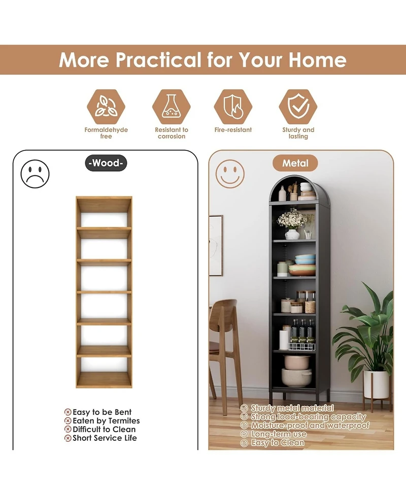 Boyel Living 73'' Narrow Arched Bookshelf, 6-Tier Metal Arch Display Organizer with Adjustable Shelves for Living Room