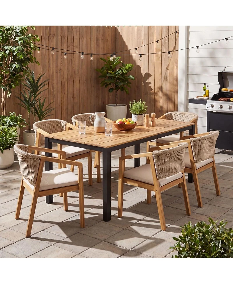 Asagikoiai 7 Piece Acacia Wood Patio Dining Set with Rope Chairs and Cushions
