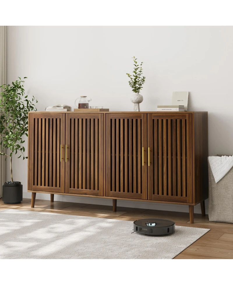 Boyel Living 63-Inch Sideboard Buffet Cabinet with Storage, Grille-Striped 4 Doors Accent Cabinet for Dining Room, Living Room, Kitchen and Entryway
