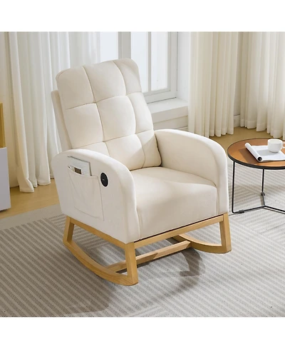 homfan Nursery Rocking Recliner Chair with Usb Ports, Upholstered Glider with High Back and Side Pocket for Bedroom Living Room,