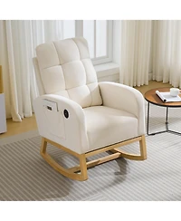 homfan Nursery Rocking Recliner Chair with Usb Ports, Upholstered Glider with High Back and Side Pocket for Bedroom Living Room,