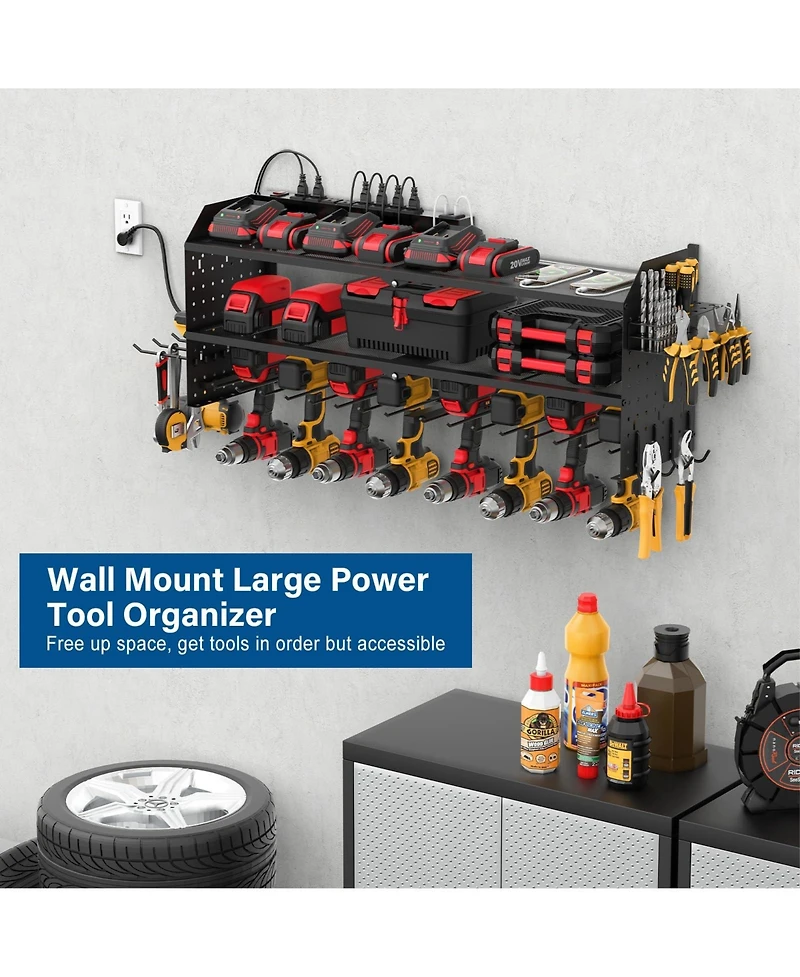 Xdovet Power Tool Organizer Wall Mount Charging Station Drill Holder Utility Rack 8 Outlet Strip