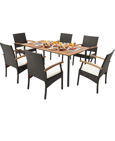Gymax 7 Piece Wicker Dining Set Cushion Acacia Wood Armrests Table With Umbrella Hole Patio