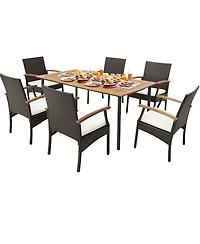 Gymax 7 Piece Wicker Dining Set Cushion Acacia Wood Armrests Table With Umbrella Hole Patio