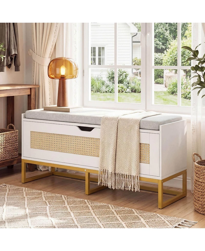 Costway 39.5" Rattan Storage Chest with Padded Seat, Flip-Top and Safety Hinges for Bedroom