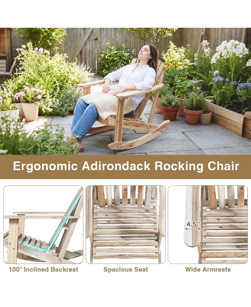 Gymax Adirondack Rocking Chair with Slatted Seat and High Fanned Back for Backyard Porch