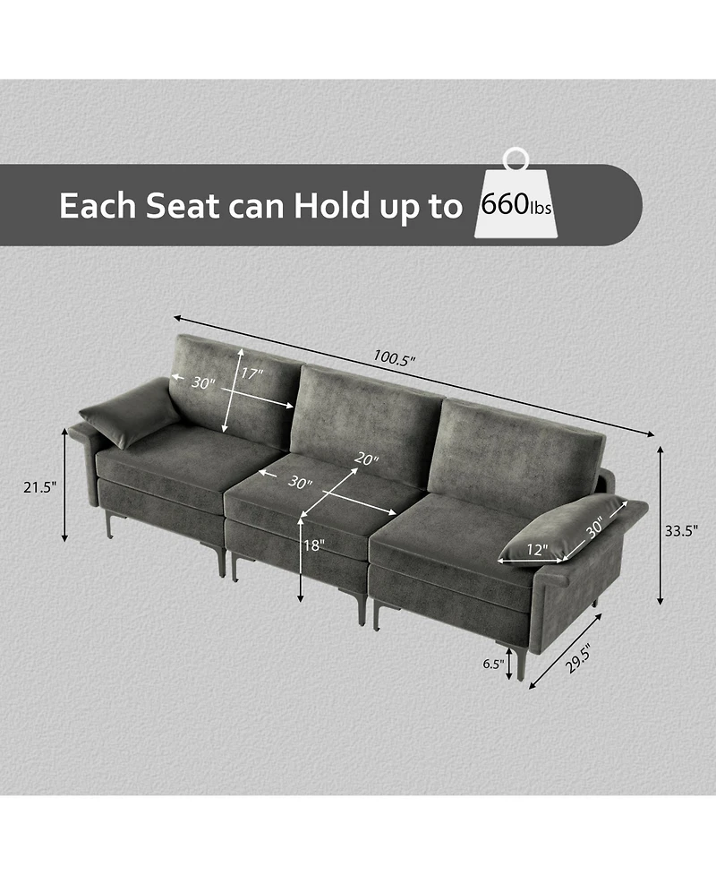 Slickblue 3 Seat Sectional Sofa with Metal Legs and Built-in Usb Charging Ports