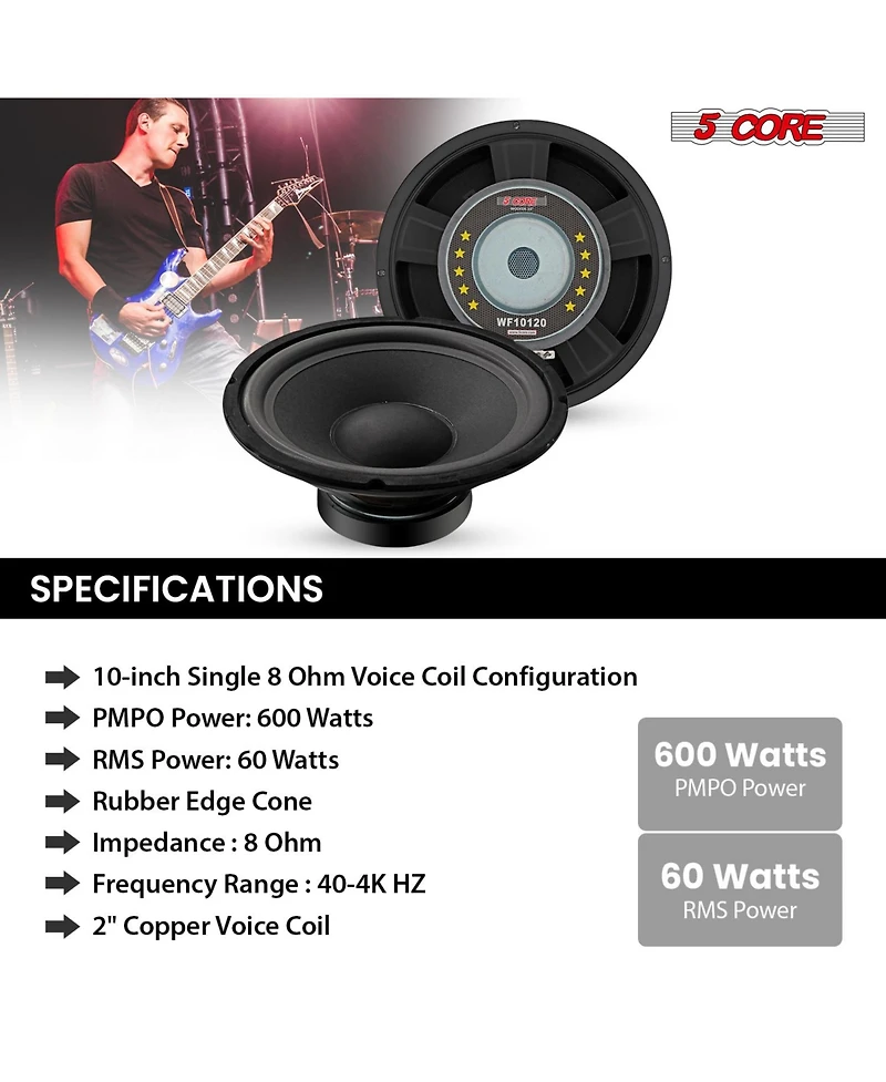 5 Core 10 Inch Guitar Speaker Replacement 600W 8 Ohm Low Distortion for Electric Guitar Amp Cabinet