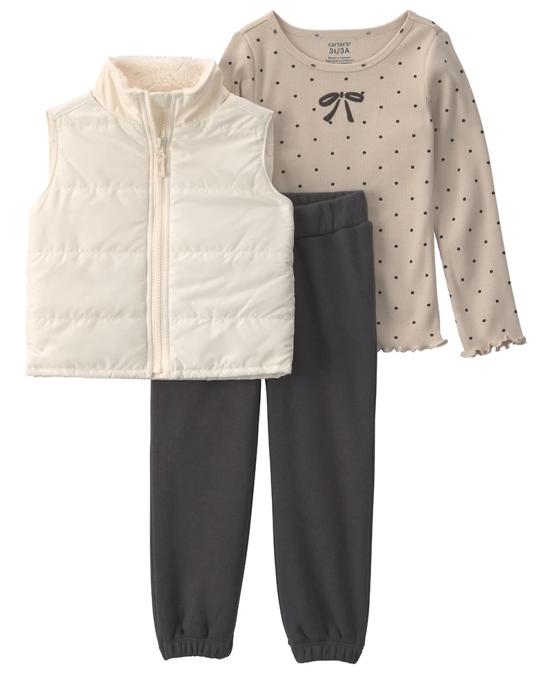 Carter's Toddler Girls' 2T-5T Bow Polka Dots Fleece Long-Sleeve Layering Top, Vest and Joggers, 3-Piece Set