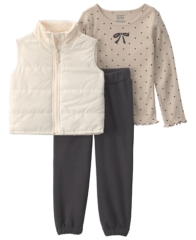 Carter's Toddler Girls' 2T-5T Bow Polka Dots Fleece Long-Sleeve Layering Top, Vest and Joggers, 3-Piece Set