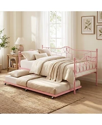 homfan Metal Daybed Frame with Pull-Out Trundle and Steel Slat Support - Versatile Multi-functional Sofa Bed for Guest Room and Modern Living Spaces