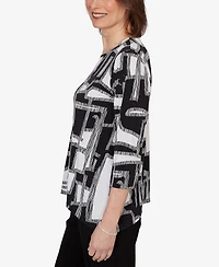 Alfred Dunner Petite Geo Boxes Puff Printed Top with Necklace