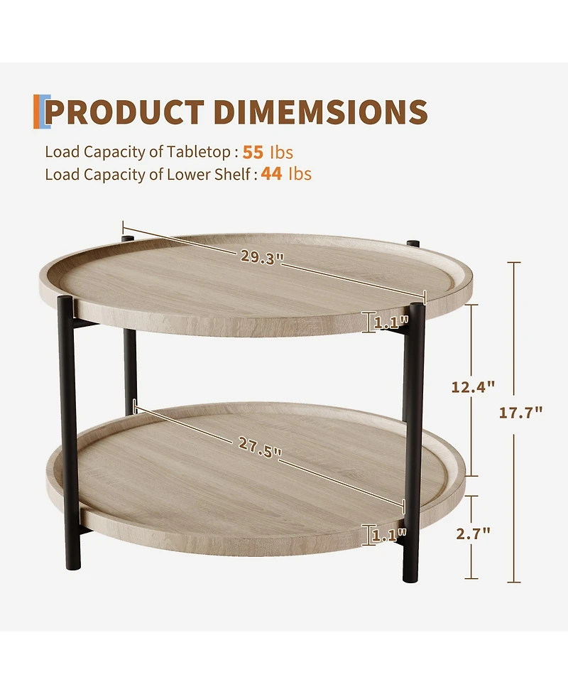 homfan Round Boho Wood Coffee Table, 2-Tier Center Table with Metal Legs, X-Shape Base and Open Storage Shelf