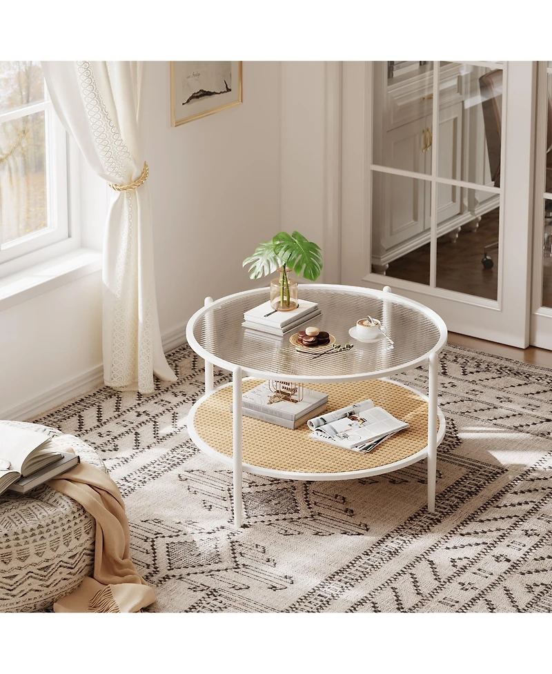 homfan Round 2-Tier Coffee Table with Tempered Glass Top and Rattan Shelf, Metal Frame Center Table for Living Room, Apartment, Small Space