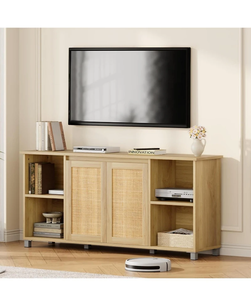 homfan Modern Boho Rattan Tv Stand with Woven Doors and Cable Management - Durable Wood Media Console and Entertainment Center for Living Room