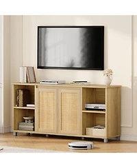homfan Modern Boho Rattan Tv Stand with Woven Doors and Cable Management - Durable Wood Media Console and Entertainment Center for Living Room
