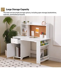 Homfan 96" Kids Study Desk with Cabinet and Drawer, Children Writing Table with Storage, Engineered Wood Home Office Desk for Bedroom