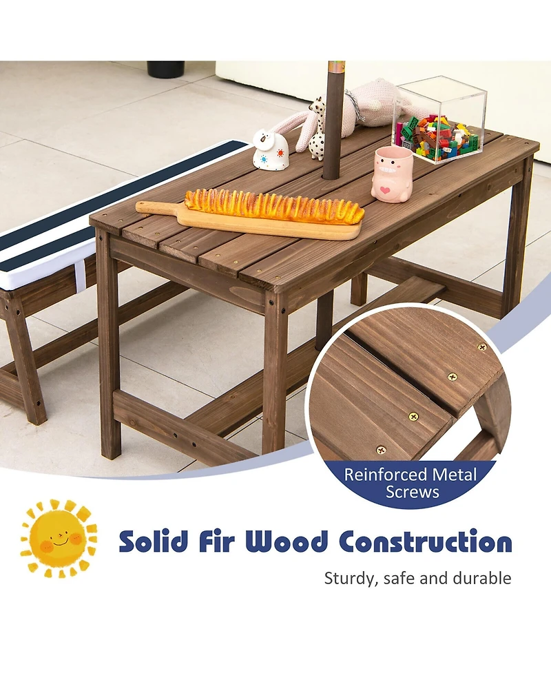Gymax Kids Wood Picnic Table and Bench Set With Cushions Umbrella for Indoor Outdoor